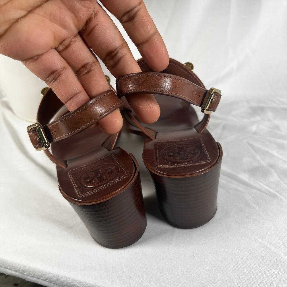 TORY BURCH Lowell Linen and Leather Block Heel Slingback Gold Hardware Sandals - Picture 5 of 10